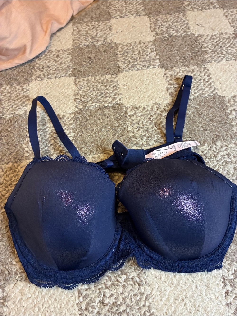 Dream Angels Victoria's Secret Navy Lace Trim Lined Demi T-Shirt Bra 36-C